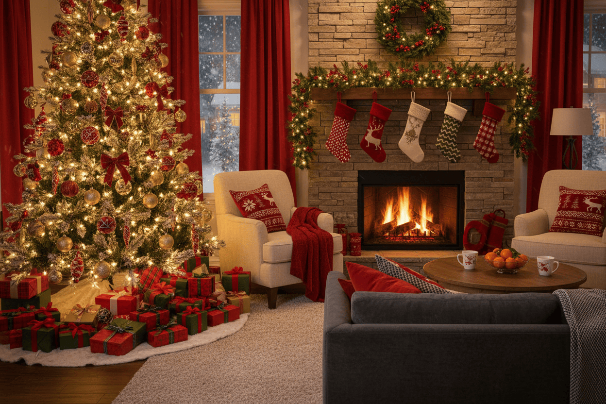 christmas presents in a cozy living room with a blank space in decorations in the middle of the image that will work as a background for white text