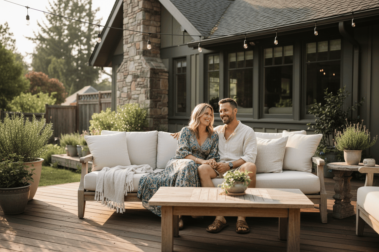 happy couple sitting on deck at their cozy home